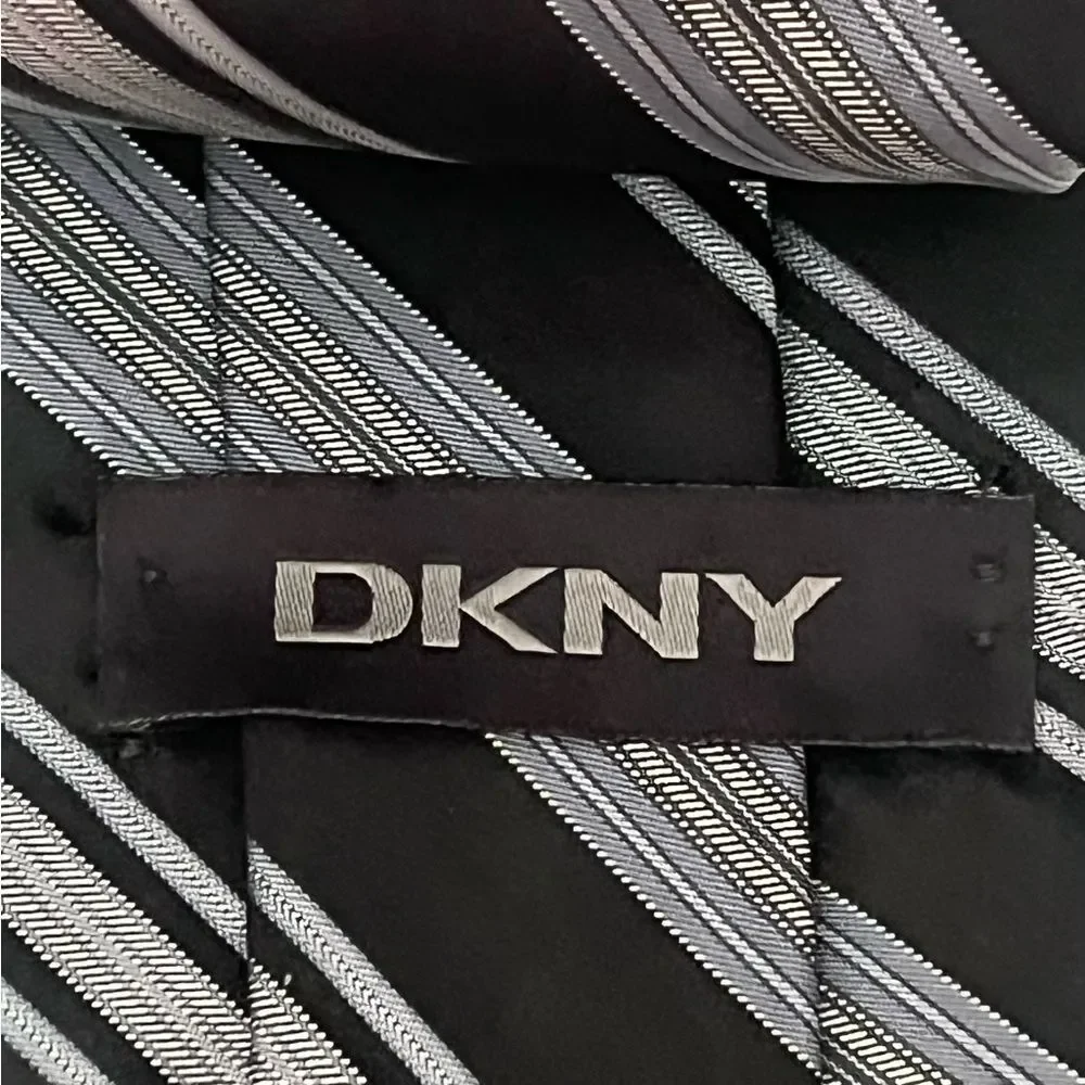 DKNY 100% Silk Designer Tie Black Gray Striped Business‎ Casual Necktie US-Made